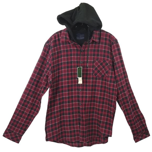 Nomad Cotton Flannel Button Front Shirt Hoodie Mens M Burgundy Black Plaid NEW - Picture 1 of 16